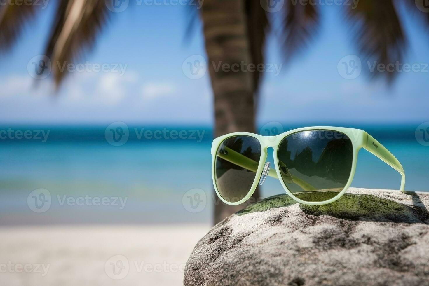 AI generated Sunglasses and beach landscape, summer vacation background. Ai generated photo