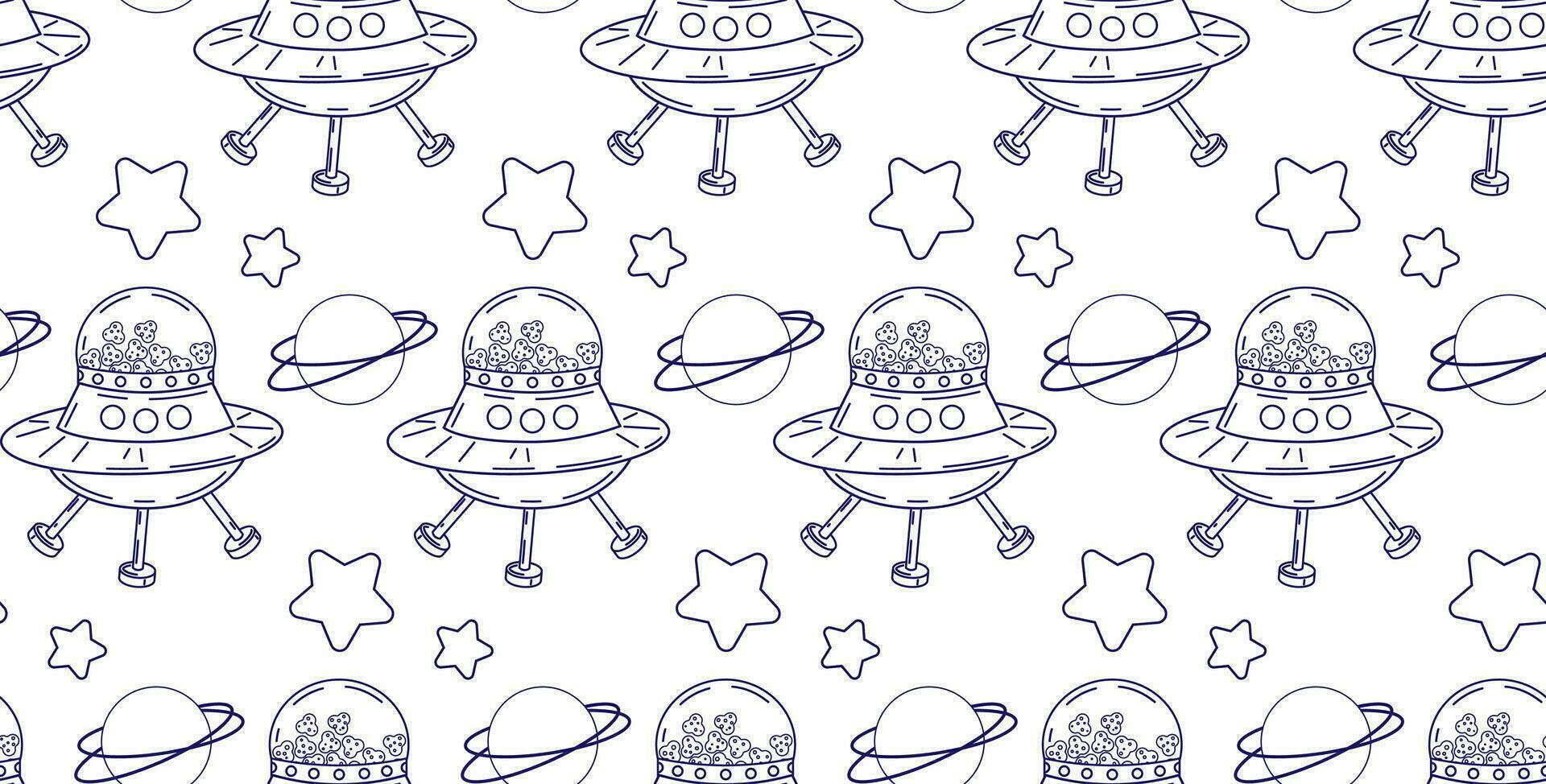 Seamless space pattern with pet food. Linear drawing of a satellite with food for cats flying in space. vector