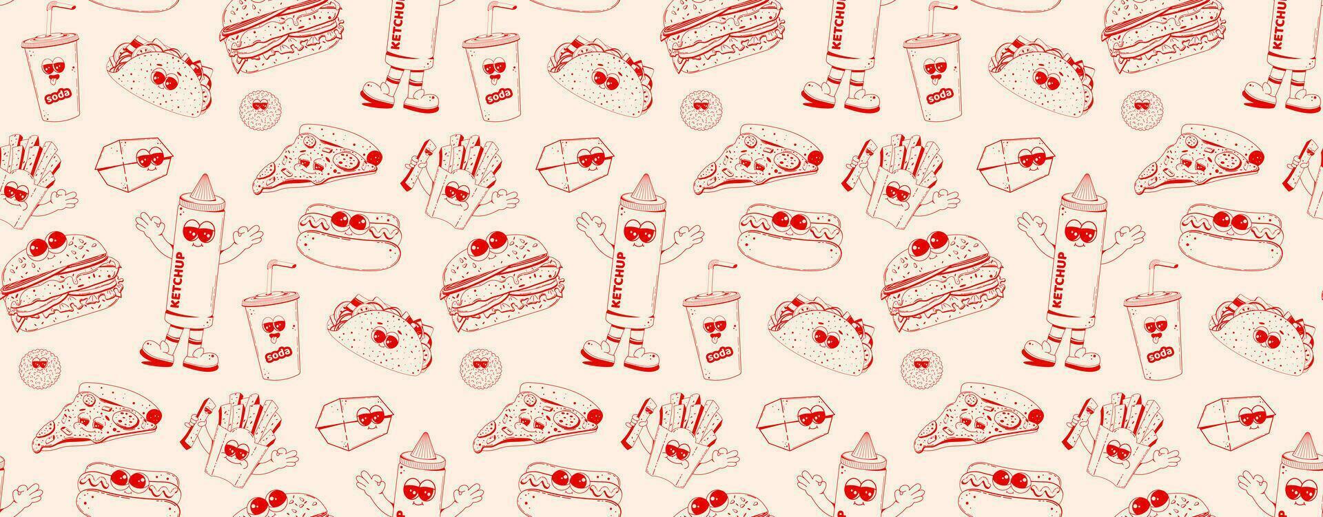 conjunto de rápido comida caracteres en retro lineal estilo. hamburguesa, pizza, soda, capacho perro, papas fritas garabatear ilustración en retro dibujos animados estilo. vector