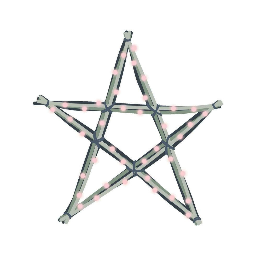 Decorative rustic star with bulbs garland for Christmas and New Year. Craft decoration, branches and sticks design. Element for holiday interior decor. Hand drawn vector illustration.