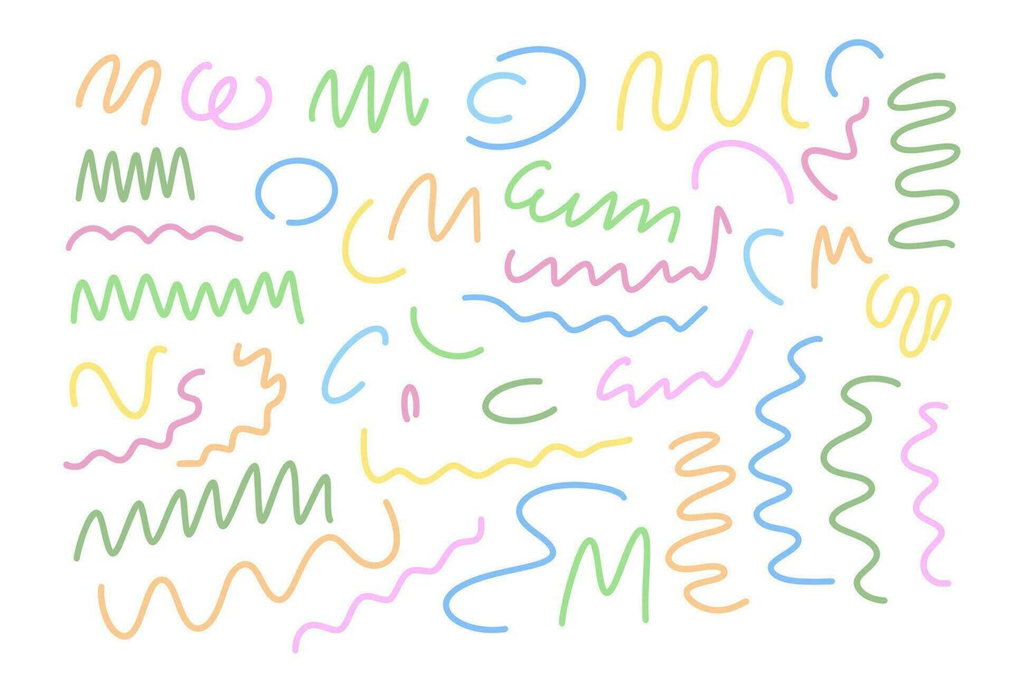 Abstract freeform curly doodle lines set simple hand drawn colorful vector illustration, wavy squiggle brush stroke shapes collection for party celebration decor, design elements