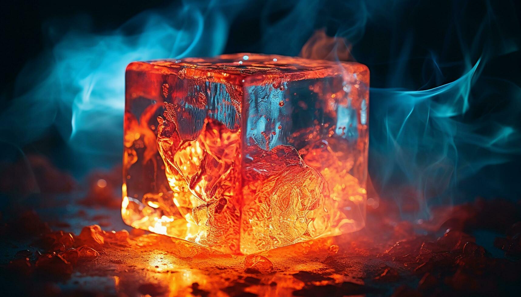 AI generated fire ice cube roasted glass photo