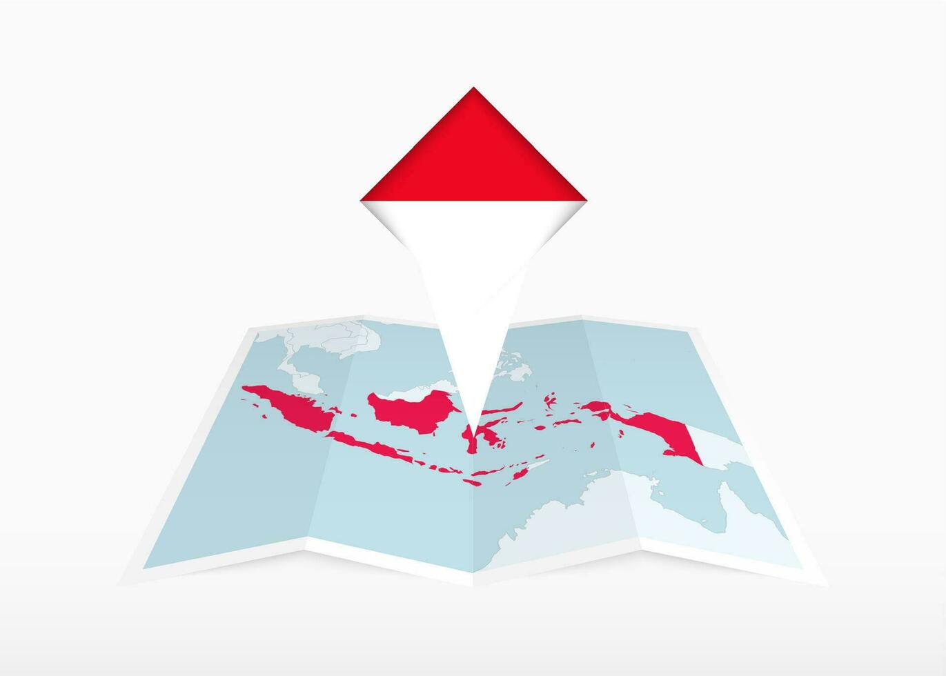 Indonesia es representado en un doblada papel mapa y clavado ubicación marcador con bandera de Indonesia. vector