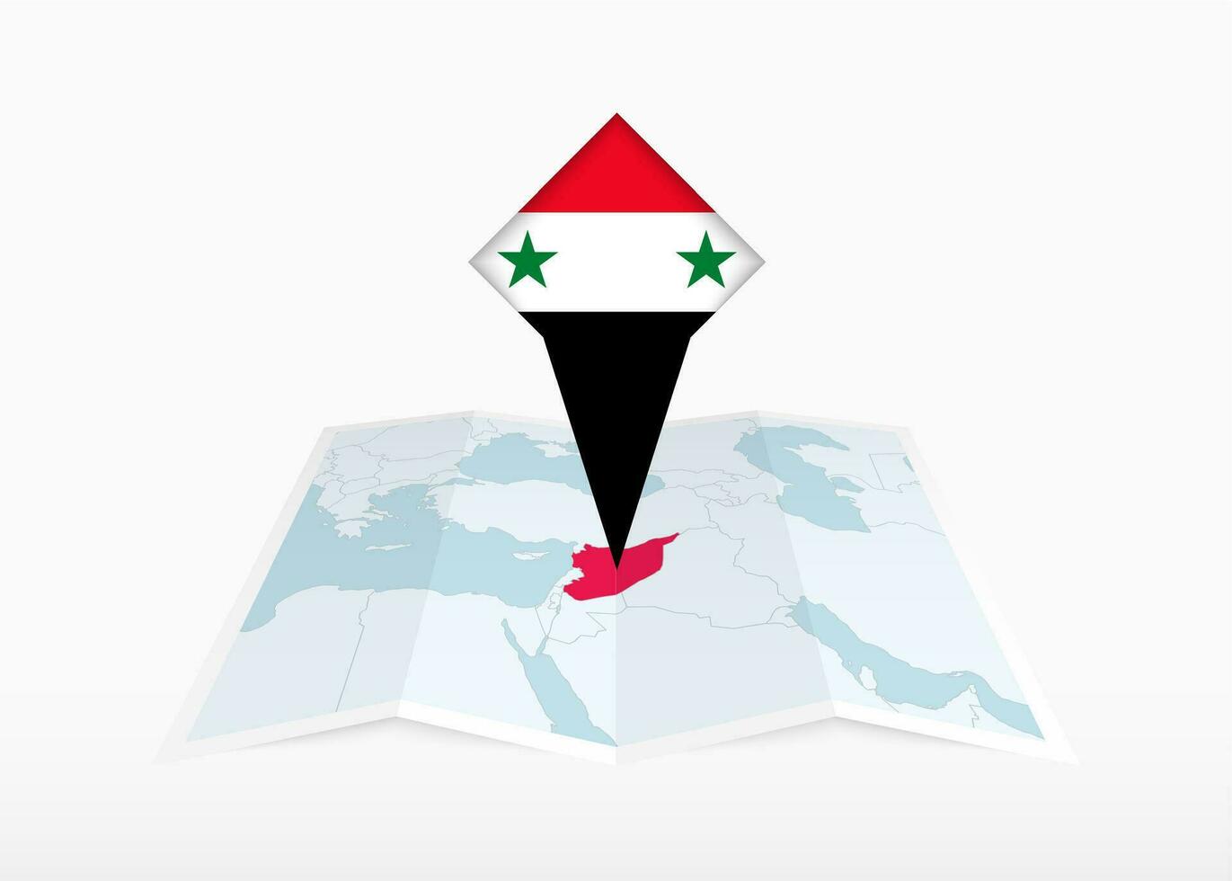 Siria es representado en un doblada papel mapa y clavado ubicación marcador con bandera de Siria. vector