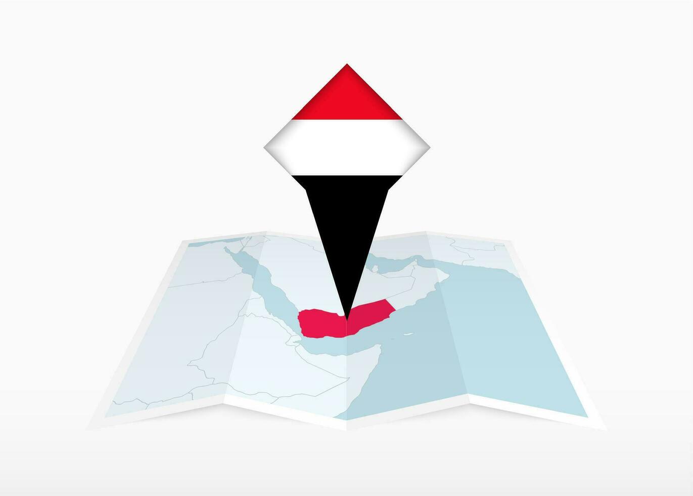 Yemen es representado en un doblada papel mapa y clavado ubicación marcador con bandera de Yemen. vector