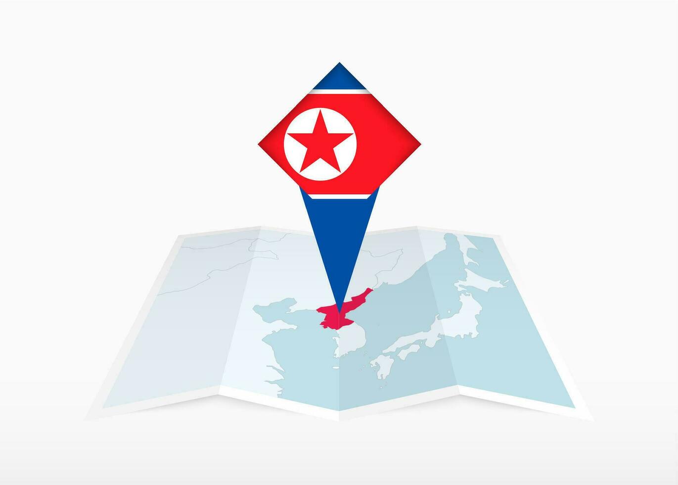 norte Corea es representado en un doblada papel mapa y clavado ubicación marcador con bandera de norte Corea. vector