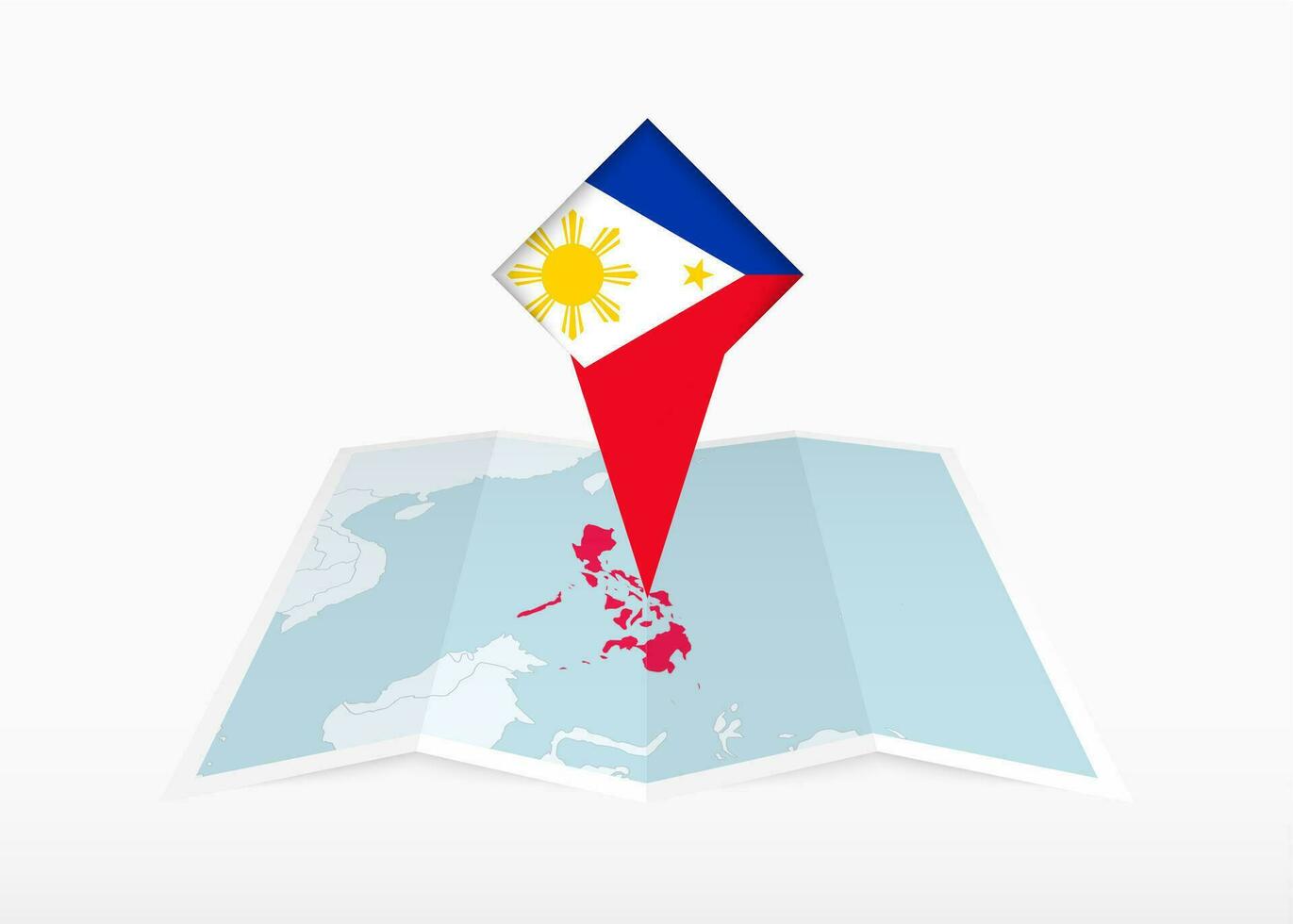 Filipinas es representado en un doblada papel mapa y clavado ubicación marcador con bandera de filipinas vector