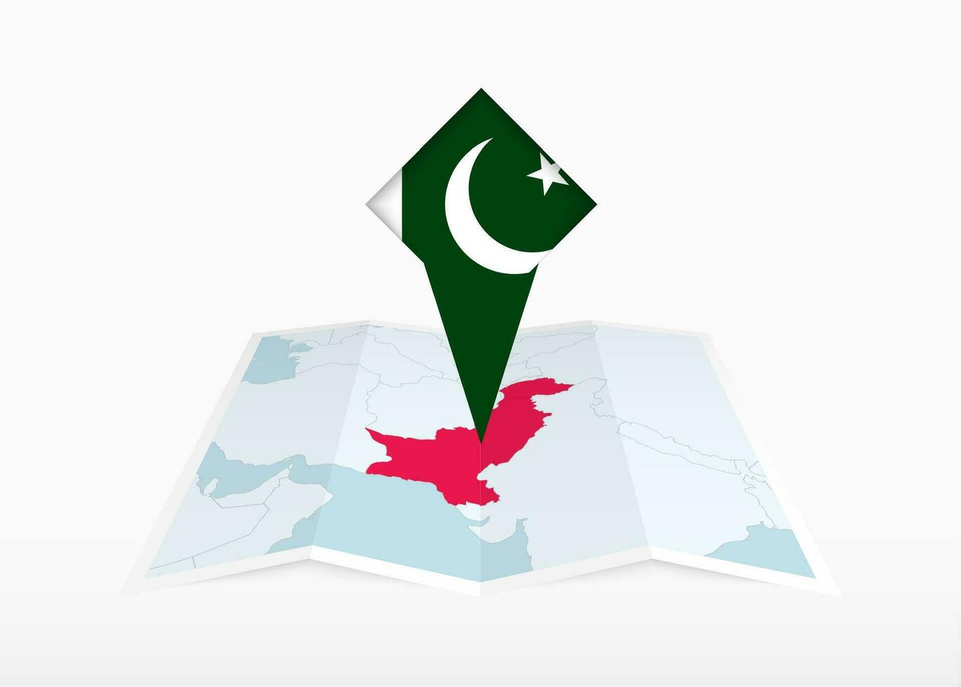 Pakistán es representado en un doblada papel mapa y clavado ubicación marcador con bandera de Pakistán. vector