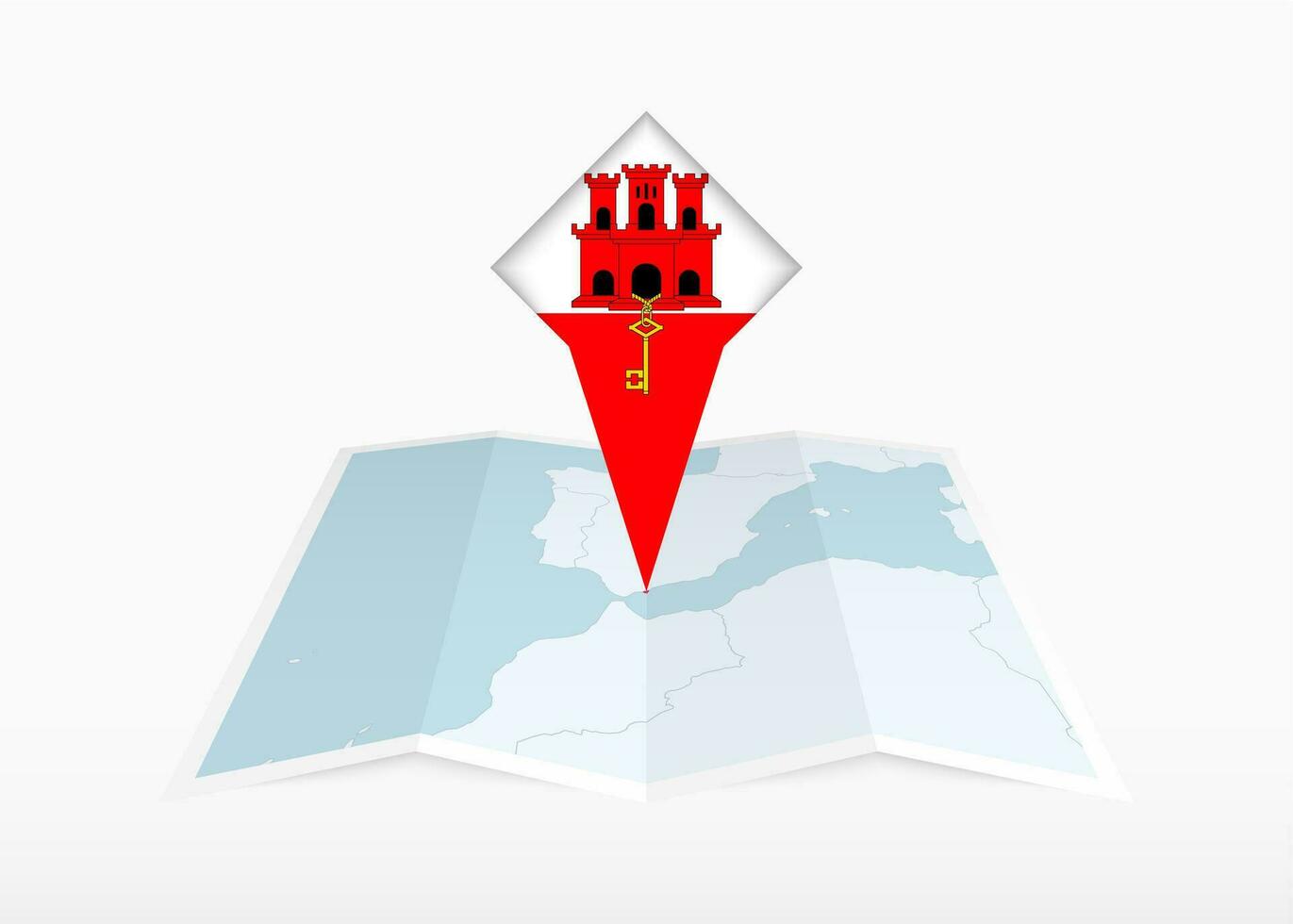 Gibraltar es representado en un doblada papel mapa y clavado ubicación marcador con bandera de Gibraltar. vector