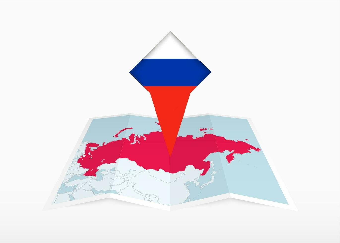 Rusia es representado en un doblada papel mapa y clavado ubicación marcador con bandera de Rusia. vector