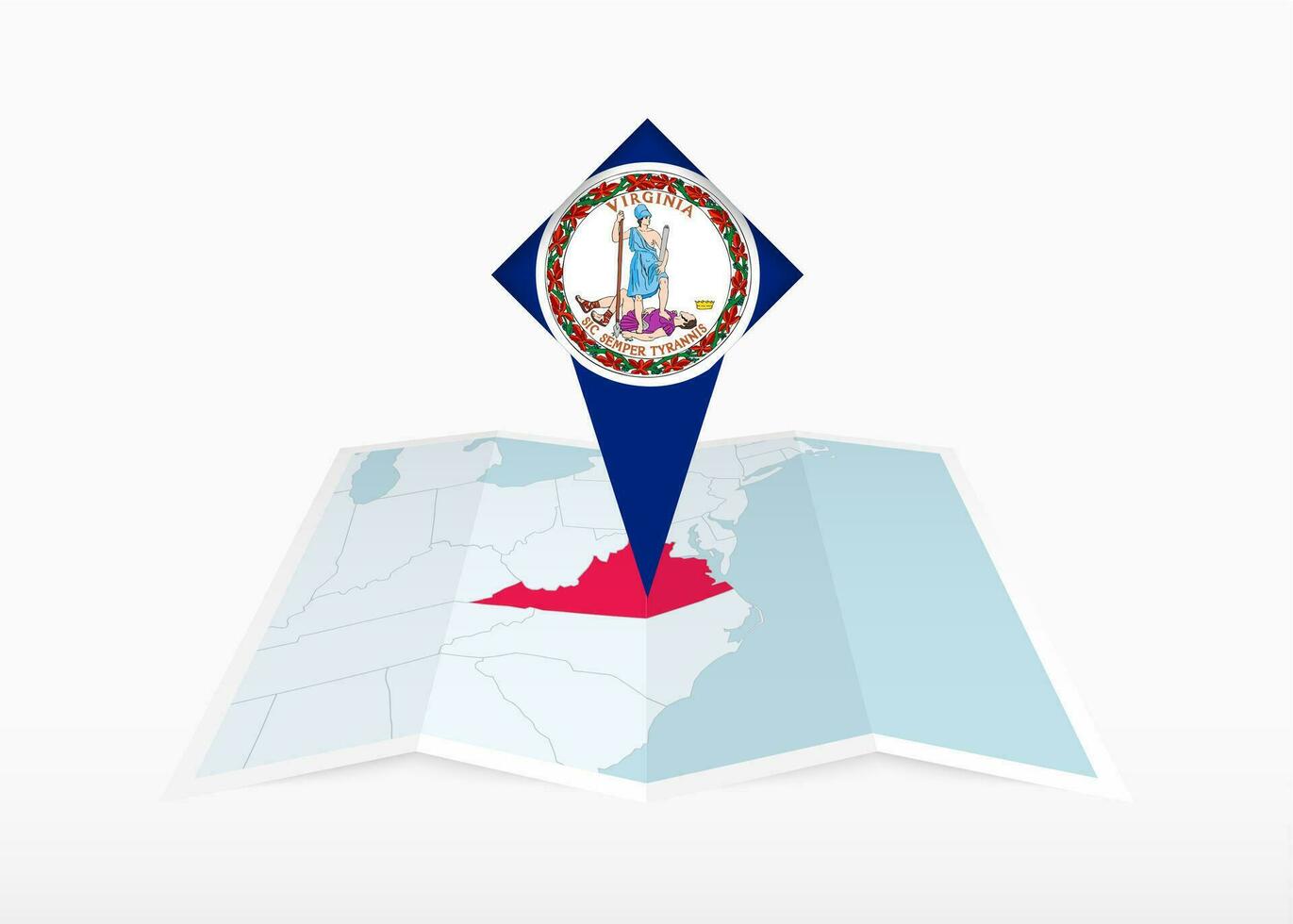 Virginia is depicted on a folded paper map and pinned location marker with flag of Virginia. vector