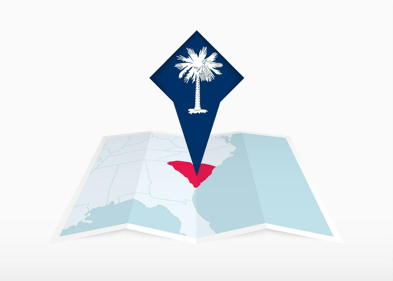 South Carolina is depicted on a folded paper map and pinned location marker with flag of South Carolina. vector