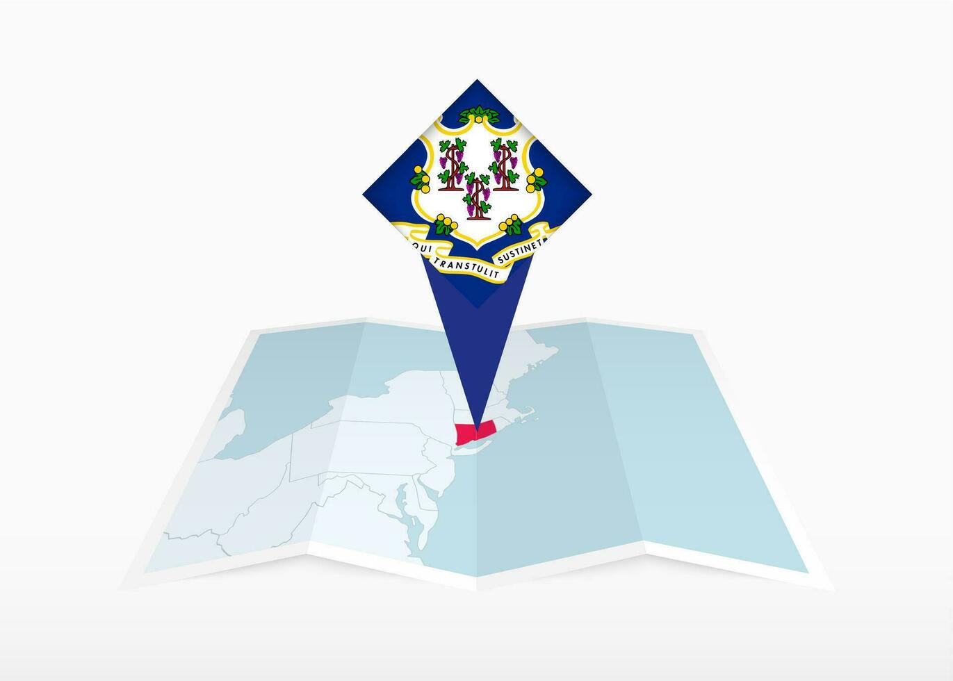 Connecticut is depicted on a folded paper map and pinned location marker with flag of Connecticut. vector