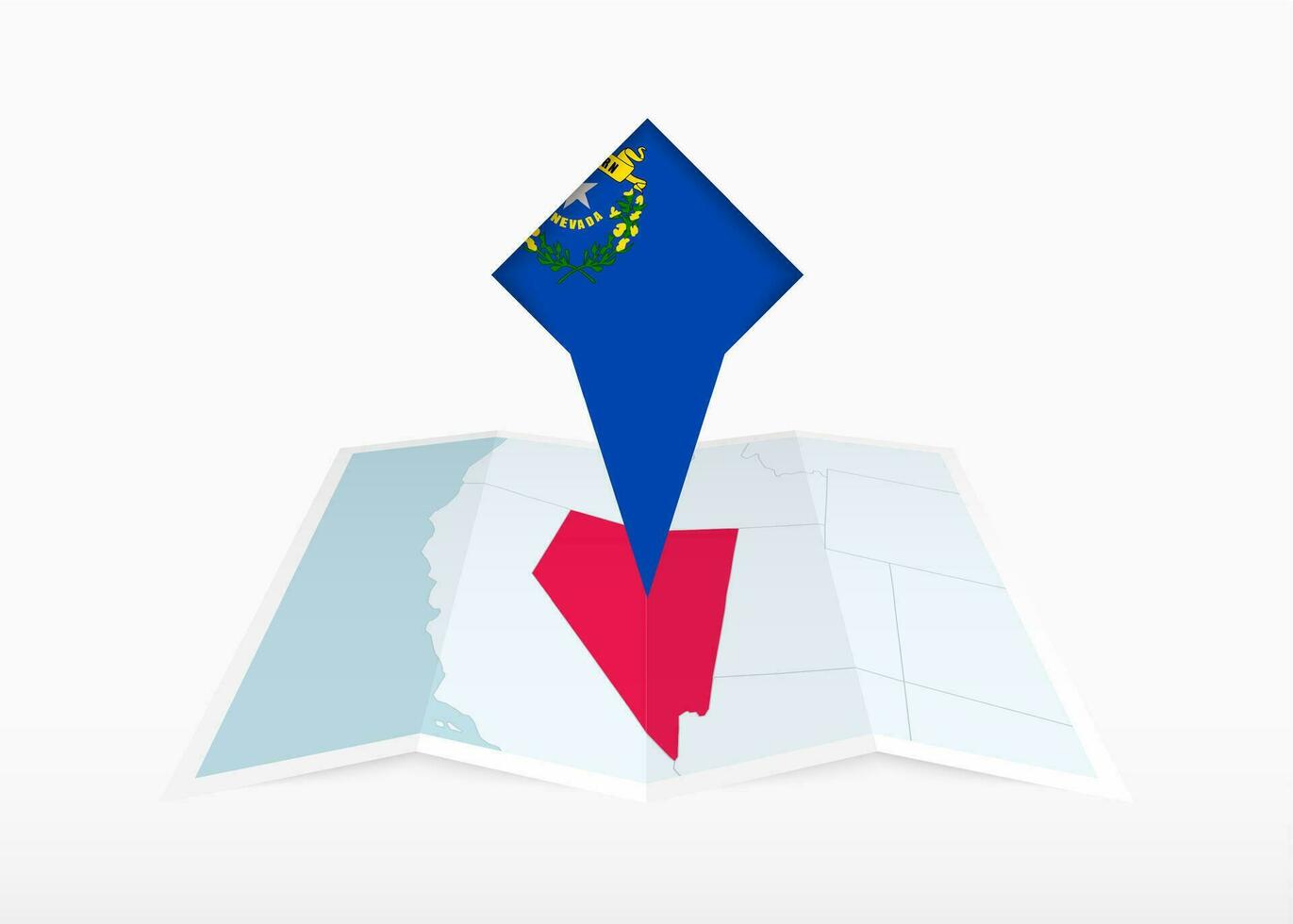 Nevada is depicted on a folded paper map and pinned location marker with flag of Nevada. vector