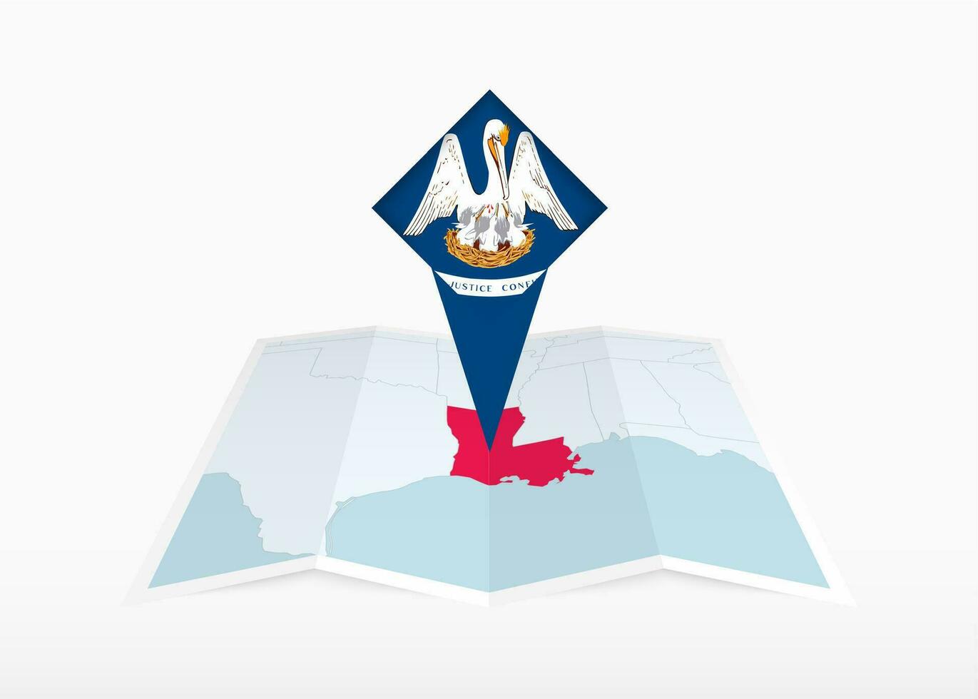 Louisiana is depicted on a folded paper map and pinned location marker with flag of Louisiana. vector