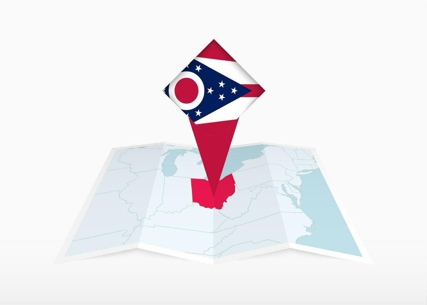 Ohio is depicted on a folded paper map and pinned location marker with flag of Ohio. vector