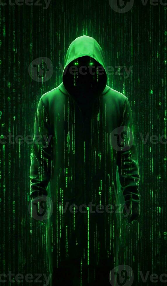 AI generated hacker in a hood on the background of a computer artificial intelligence matrix photo