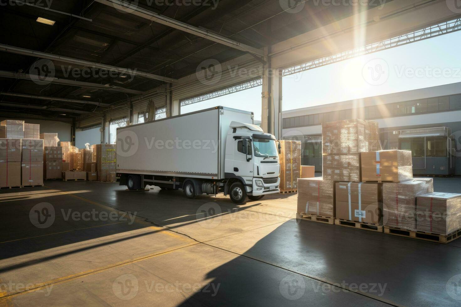 AI generated Sleek Delivery Vehicle in Warehouse, white truck, AI Generative photo