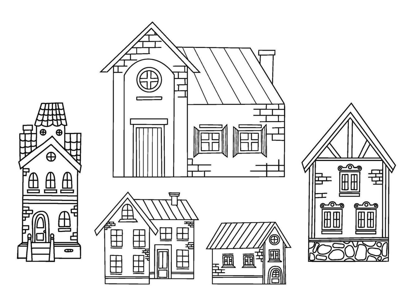 houses doodles. Urban and rural different stone architecture. Vector illustration. Isolated hand outline drawings.