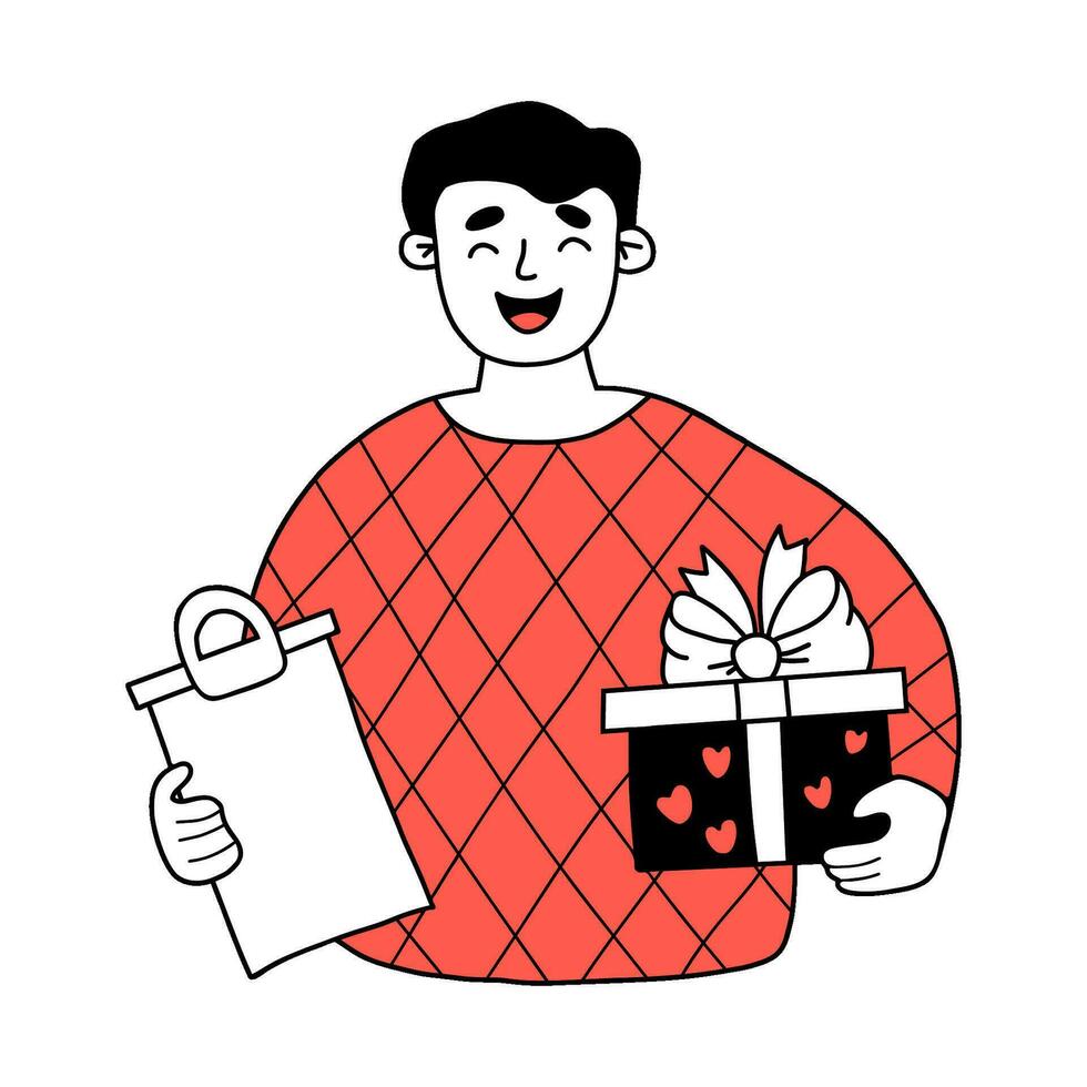 Cute man courier with gift. festive delivery. Vector romantic character drawing for design.