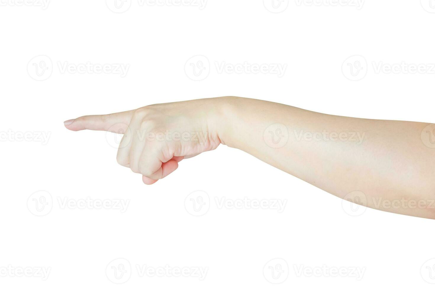 female hand touching or pointing to something isolated on white background photo