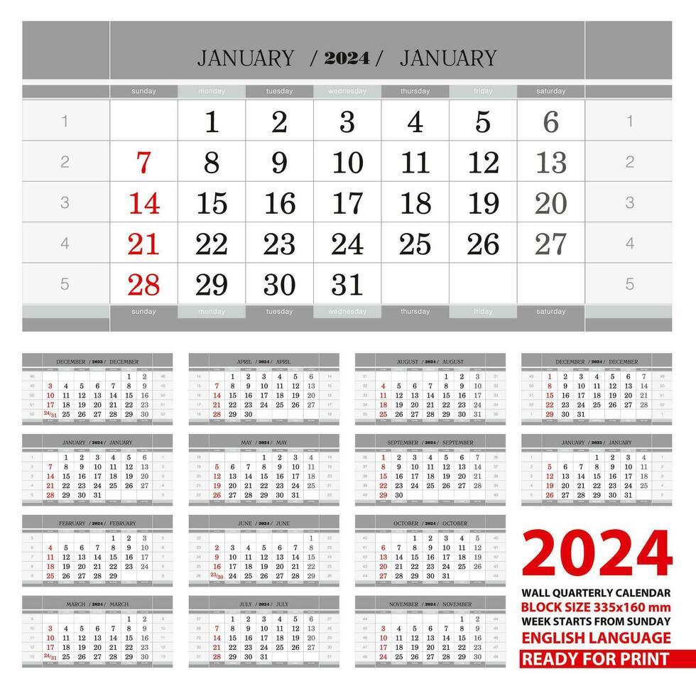 2024 Wall calendar in English languages. Week start from Sunday. vector