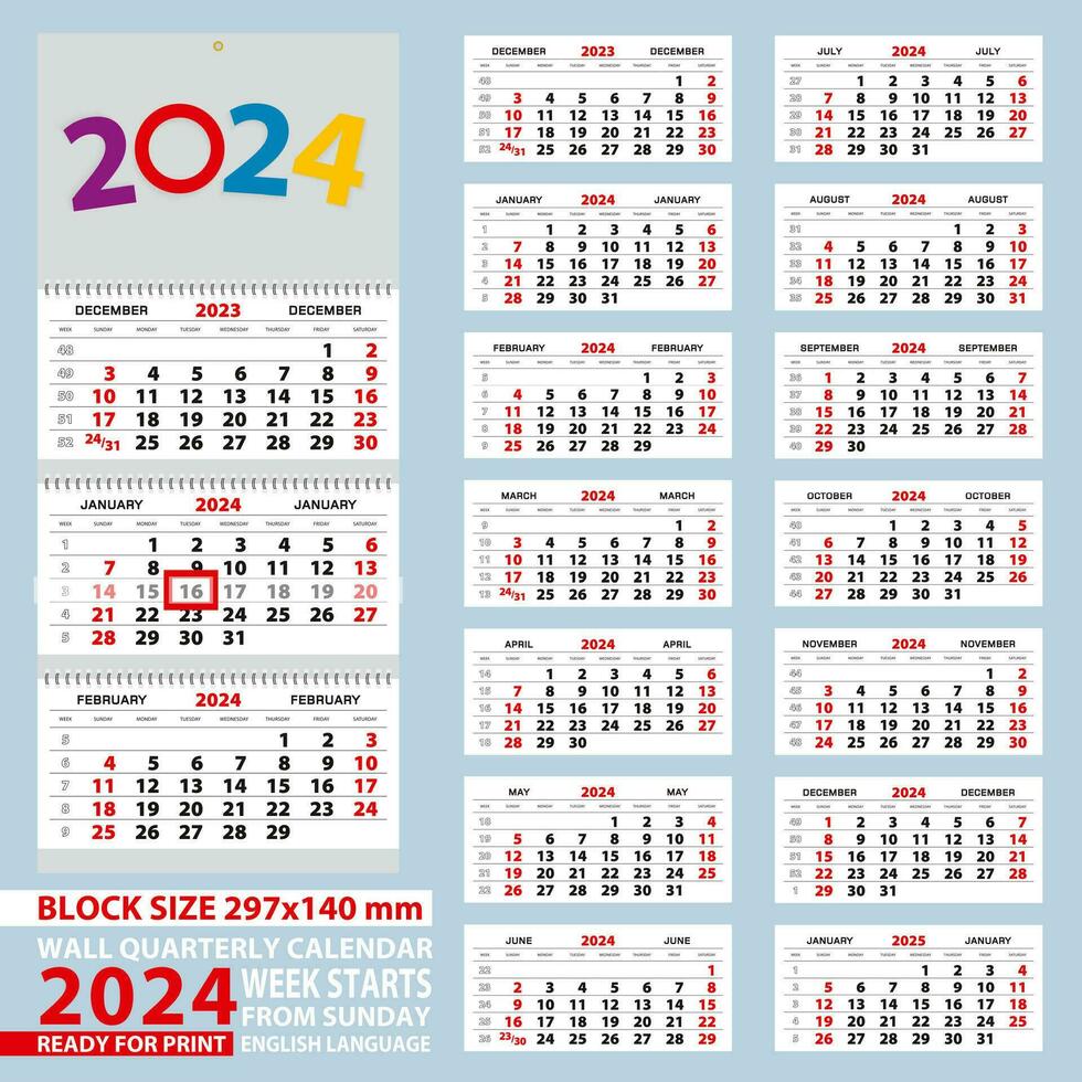 Wall calendar 2024, week start from Sunday. For A4 size. vector