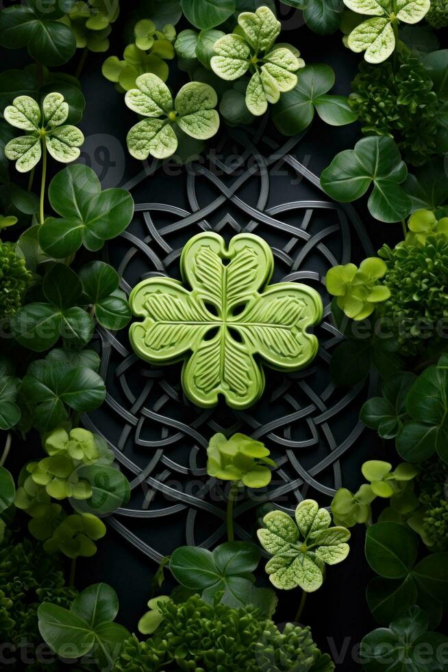 AI Generated A green clover is surrounded by a celtic design of leaves, AI photo