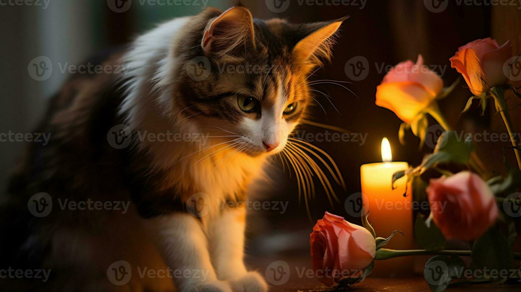 AI Generated A cat sitting next to a candle and some roses, AI photo