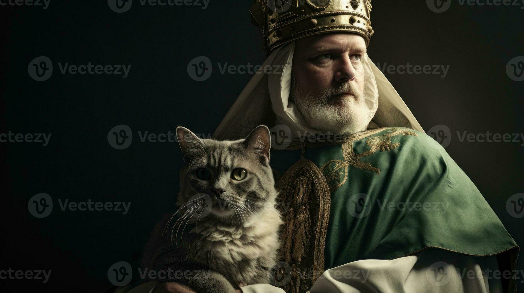 ai generado un medieval hombre en un verde y blanco túnica y un corona participación su gato, ai foto