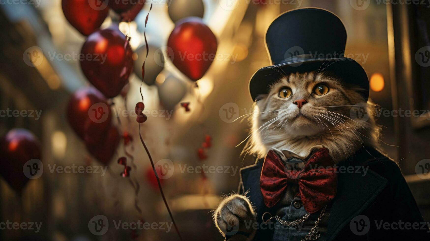 AI Generated A cat wearing a top hat and bow tie with balloons in the background, AI photo