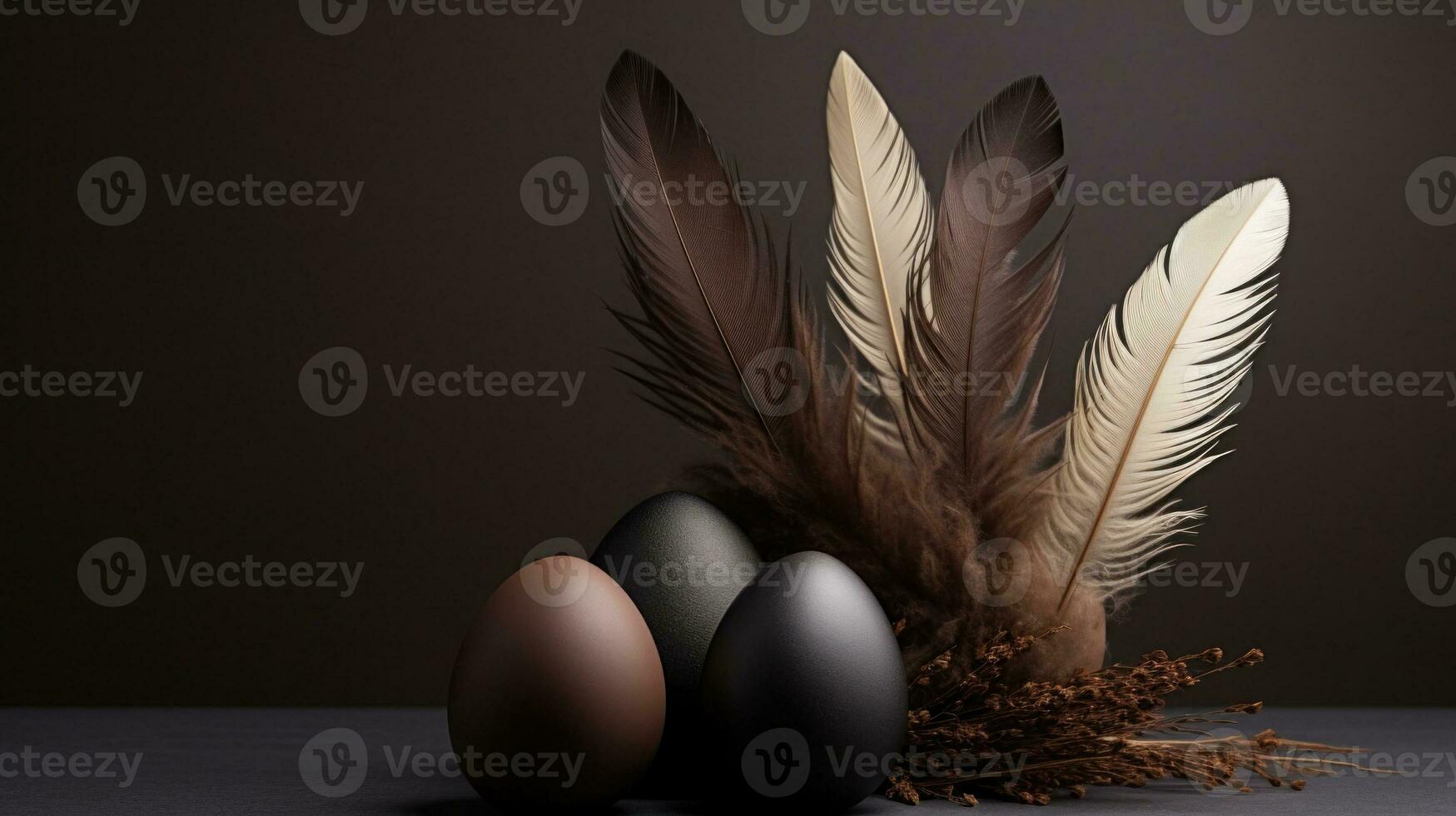 AI Generated A group of three eggs and feathers on a table, AI photo