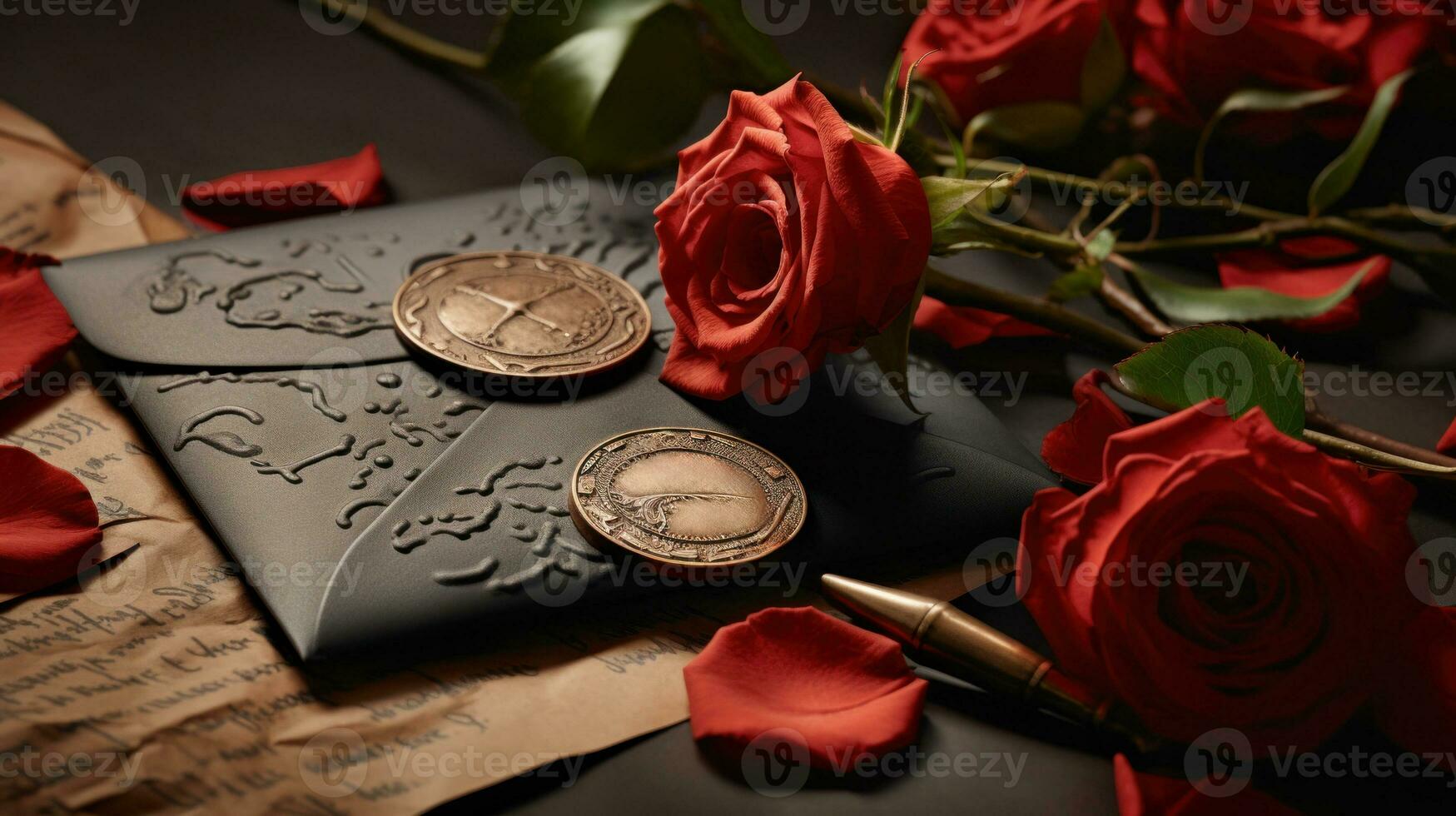 AI Generated A black envelope with roses and a bullet on it, AI photo