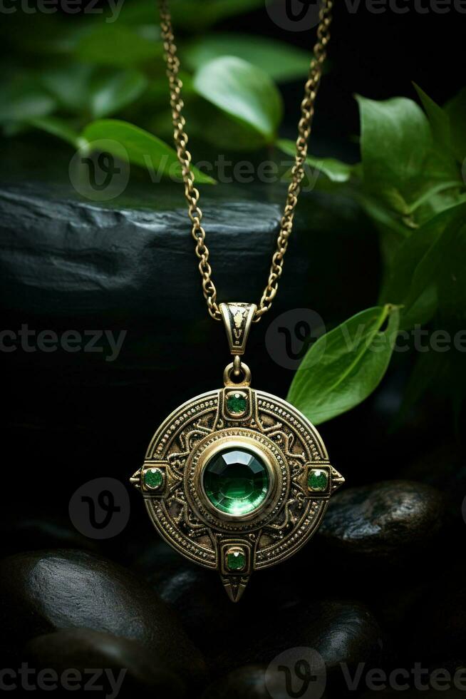 AI Generated A necklace with a green stone sitting on some rocks, AI photo