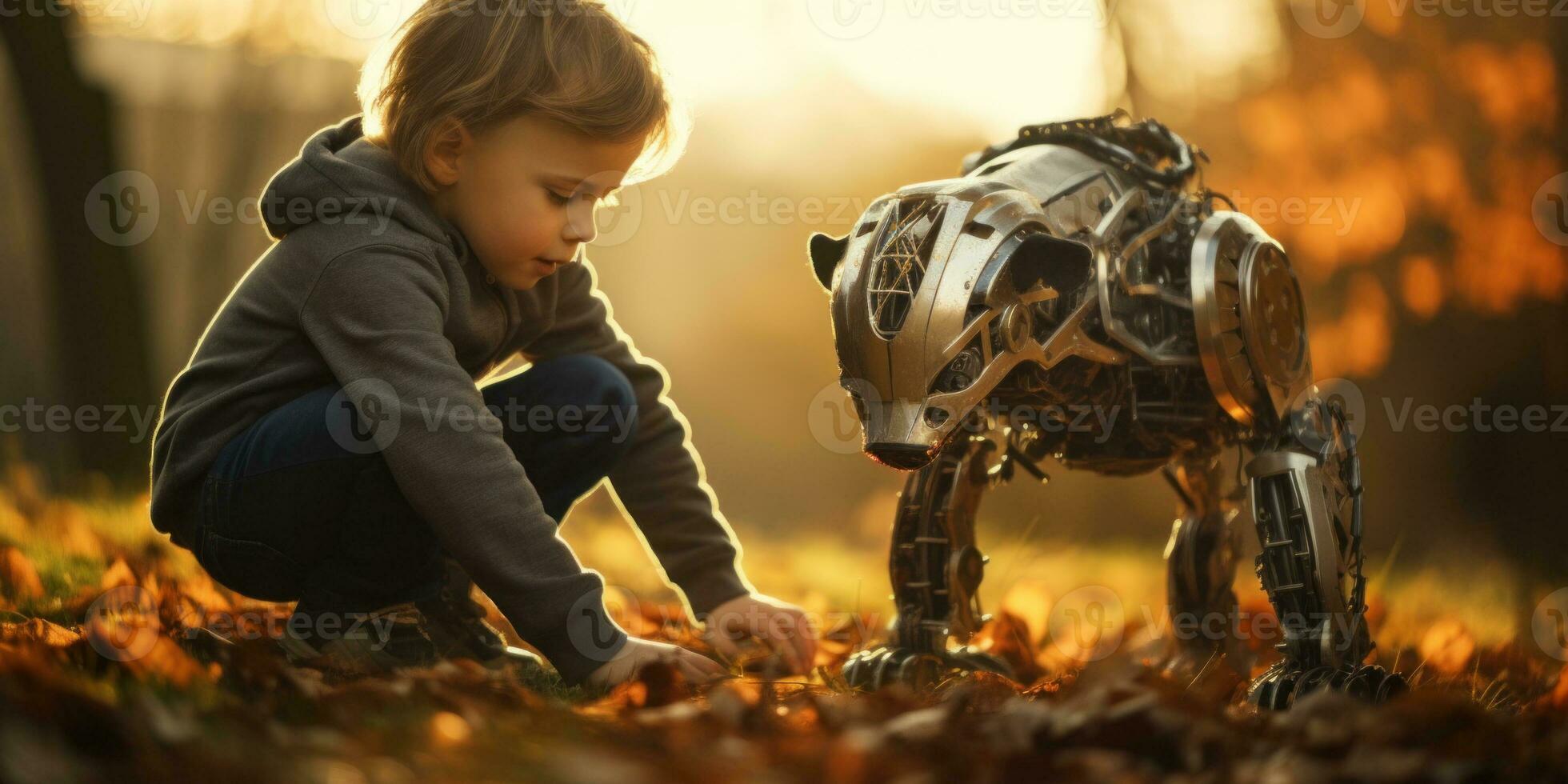 AI Generated A young boy playing with a robot dog in the fall, AI photo