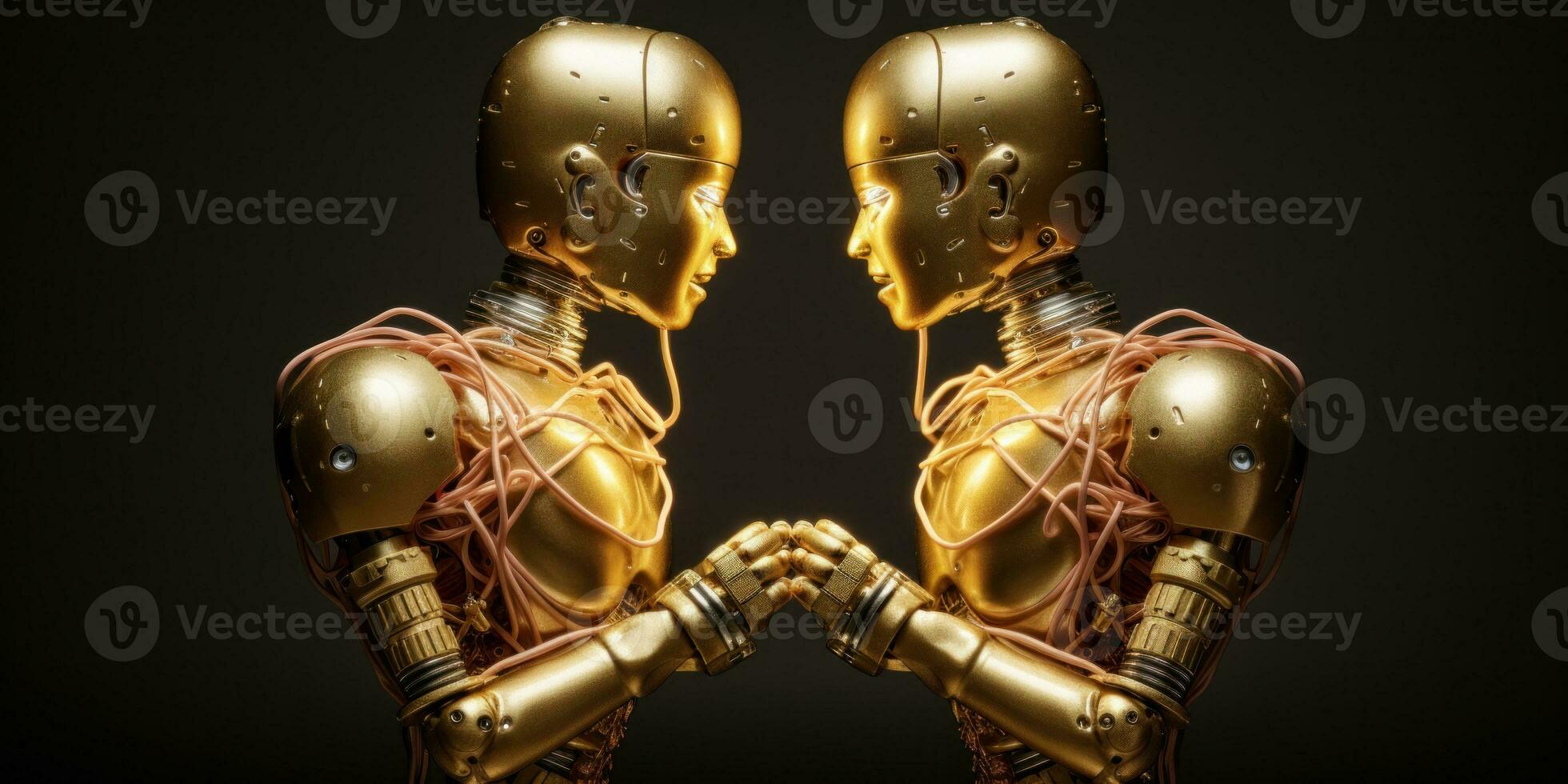 AI Generated Two golden robots are facing each other with their hands in front of them, AI photo