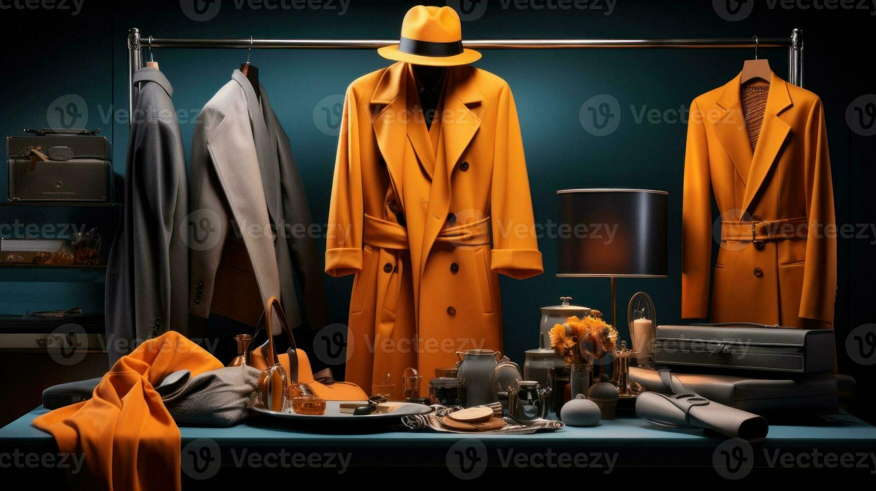 AI Generated A display of a man's suit and hat on top of clothes, AI photo