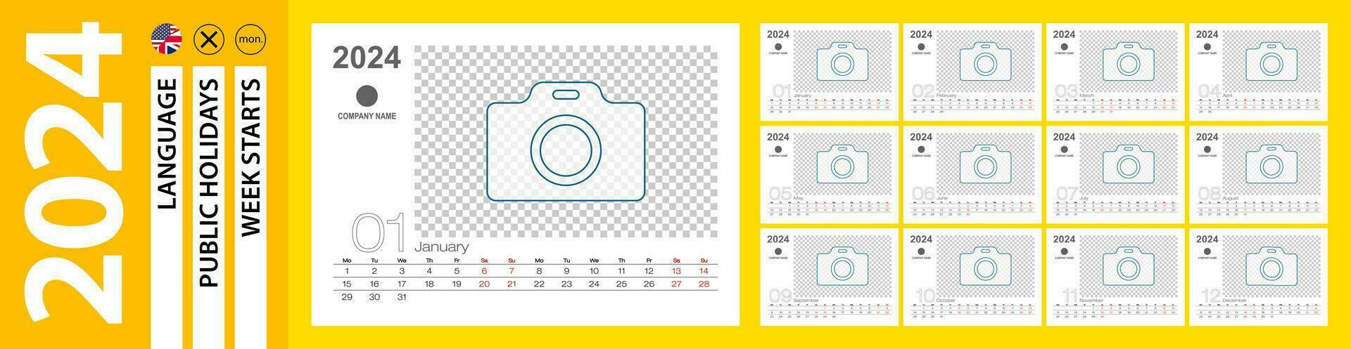 Desk Calendar for 2024 year, Monthly calendar with place for photo. Week starts on Monday. vector