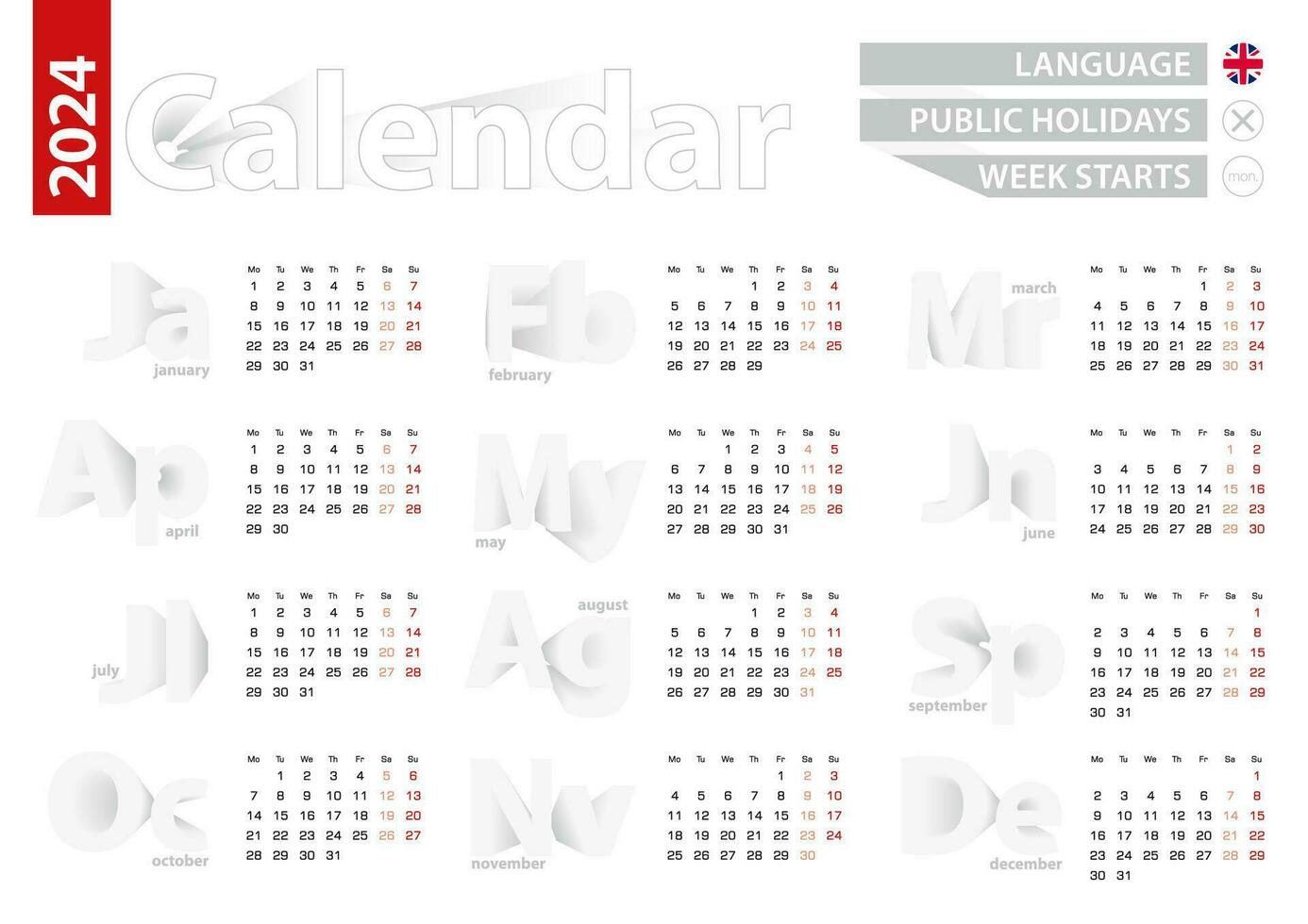 calendario para 2024 año en Inglés idioma, gris vector calendario