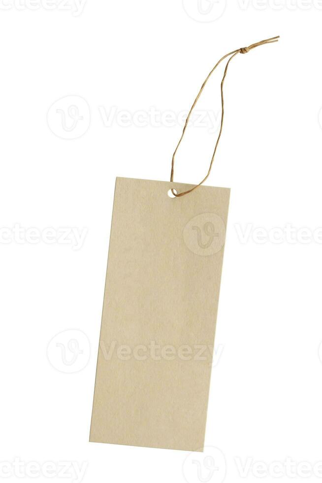 Blank price tag tied with string isolated on white background photo