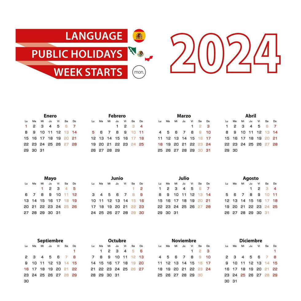 Calendar 2024 in Spanish language with public holidays the country of Mexico in year 2024. vector