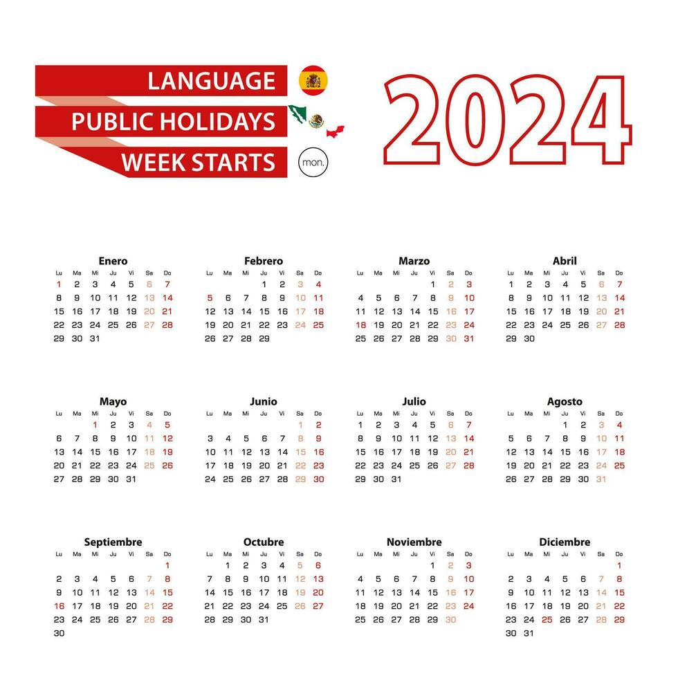 calendario 2024 en Español idioma con público Días festivos el país de mexico en año 2024. vector