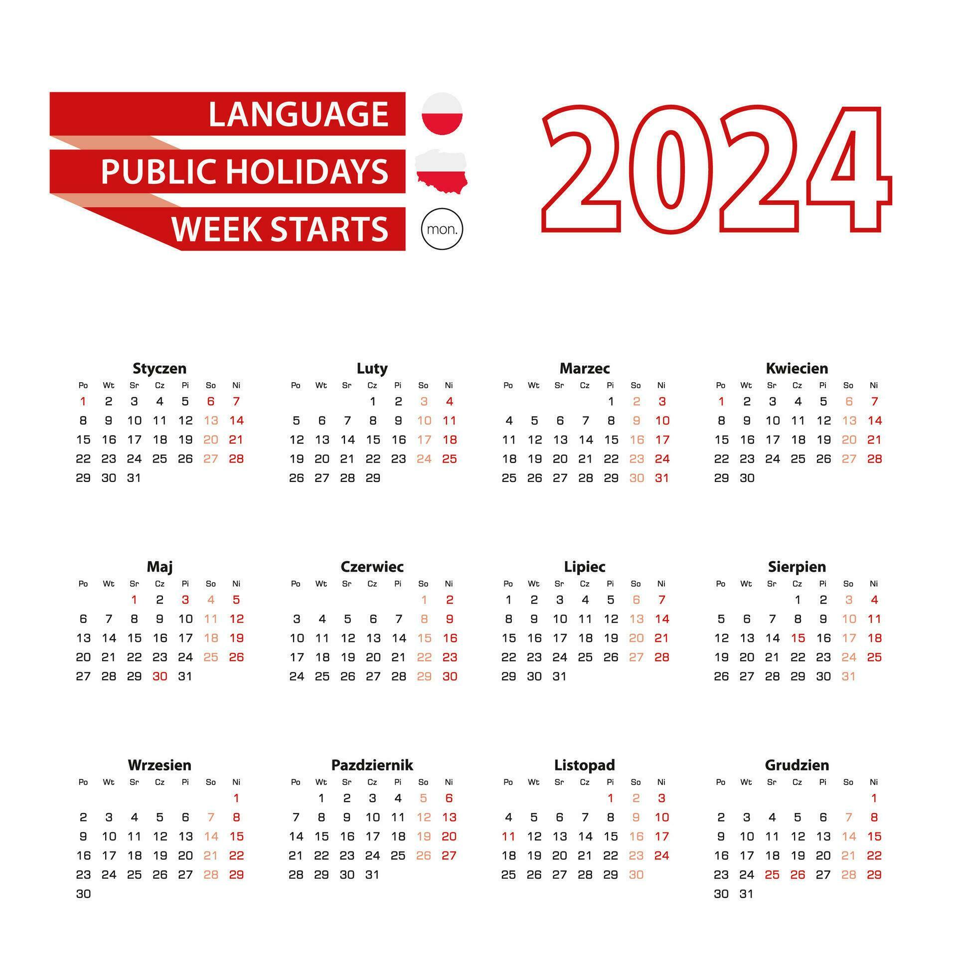 Calendar 2024 in Polish language with public holidays the country of