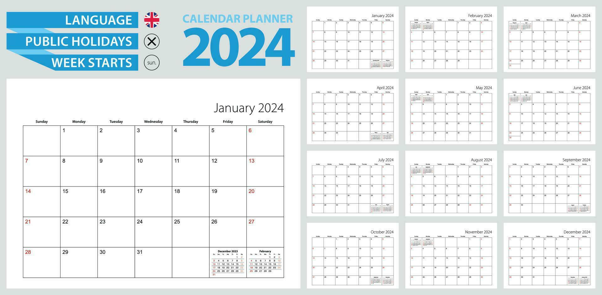 Wall calendar planner for 2024. English language, week starts from Sunday. vector