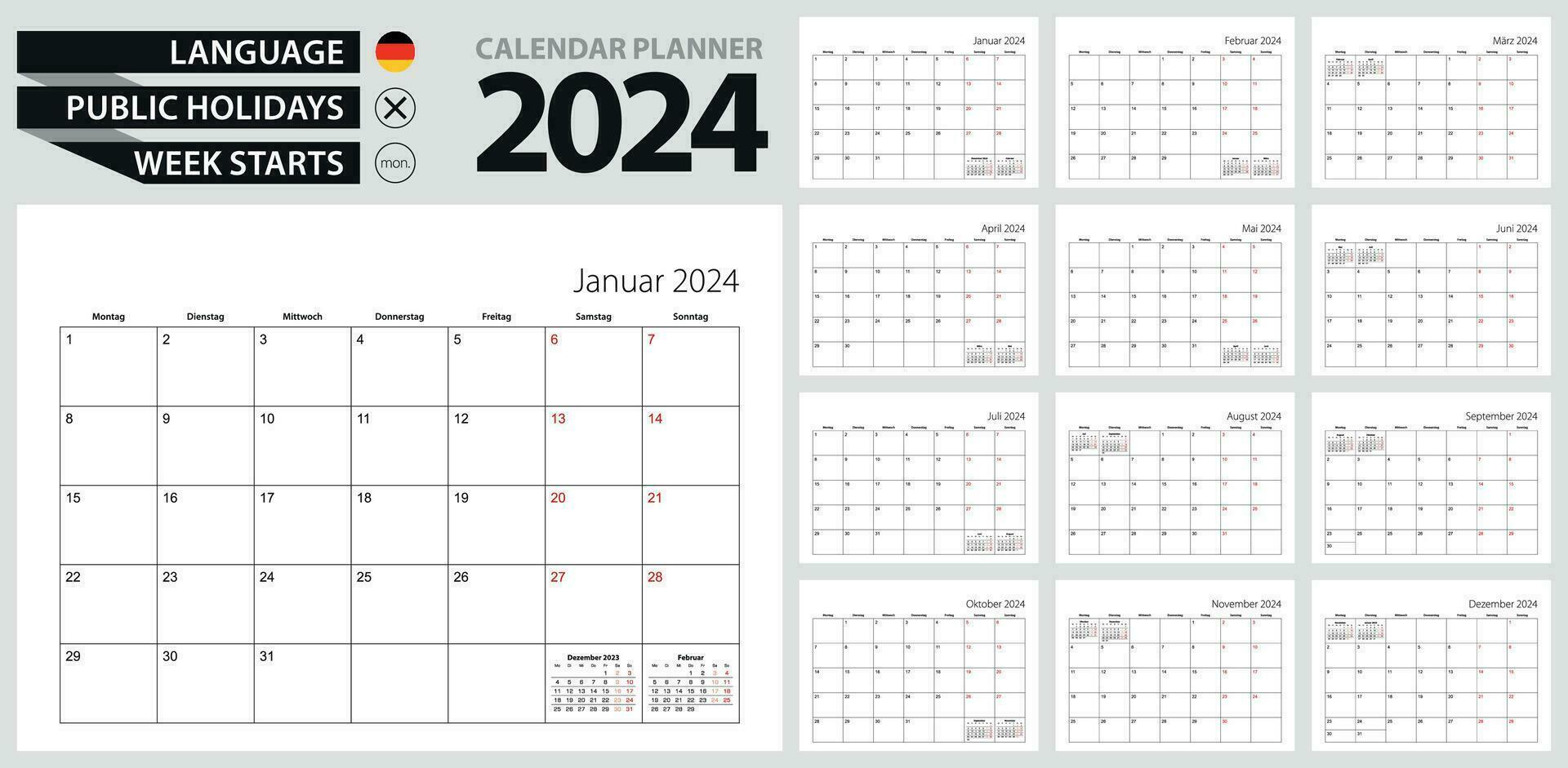 German calendar planner for 2024. German language, week starts from Monday. vector