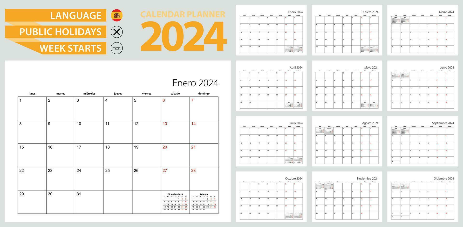 Español calendario planificador para 2024. Español idioma, semana empieza desde lunes. vector