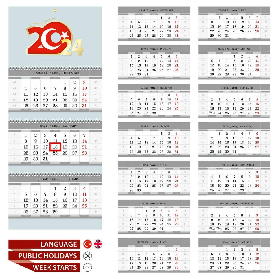 Wall calendar planner template for 2024 year. Turkish and English language. Week starts from Monday. vector