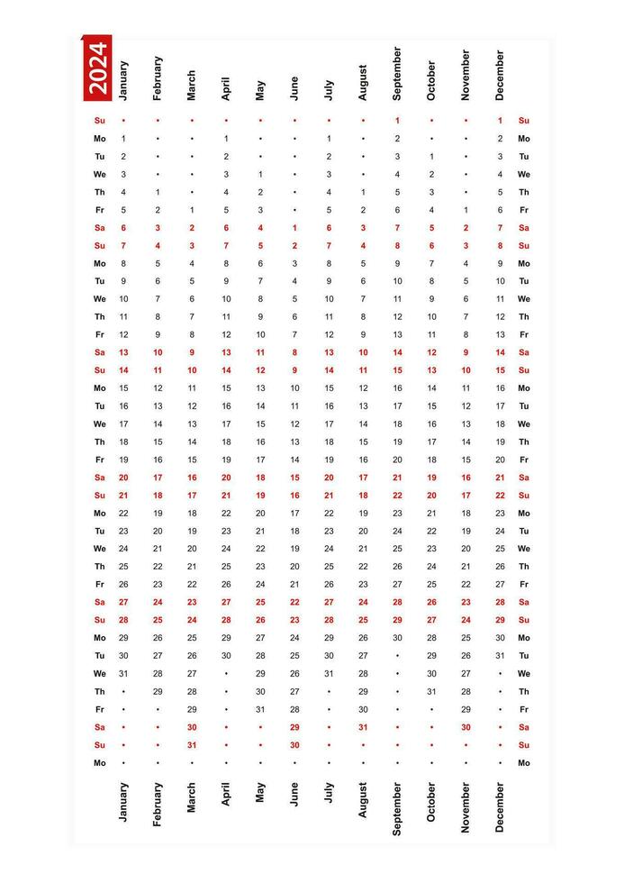 One row vertical calendar 2024, sunday first day of the week. vector