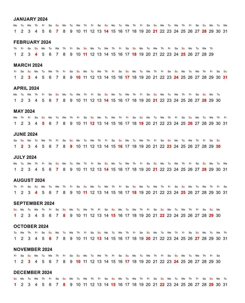 Simple horizontal calendar template year 2024 vector