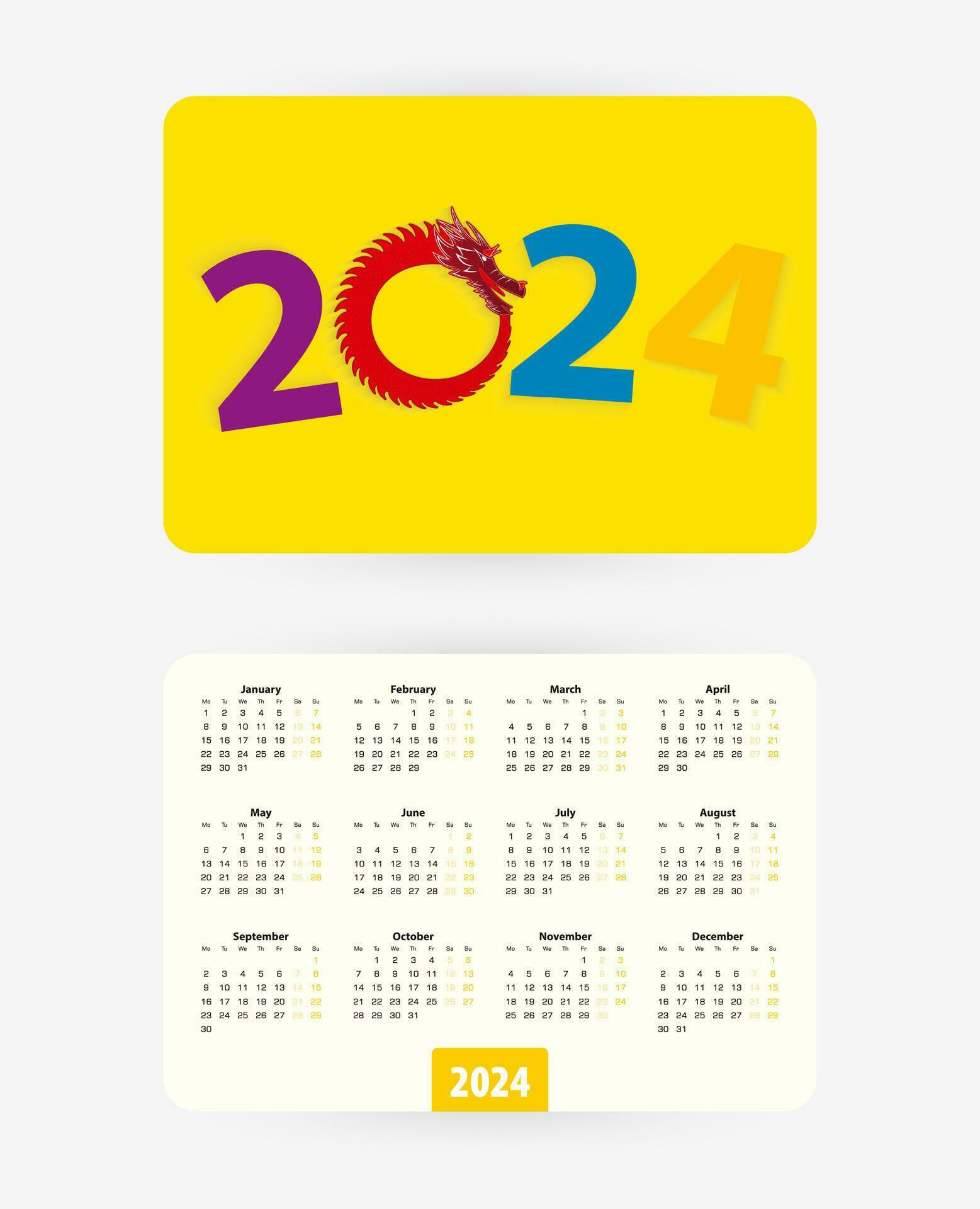 2024 pocket calendar with colorful numbers of year 2024 and Rabbit ears